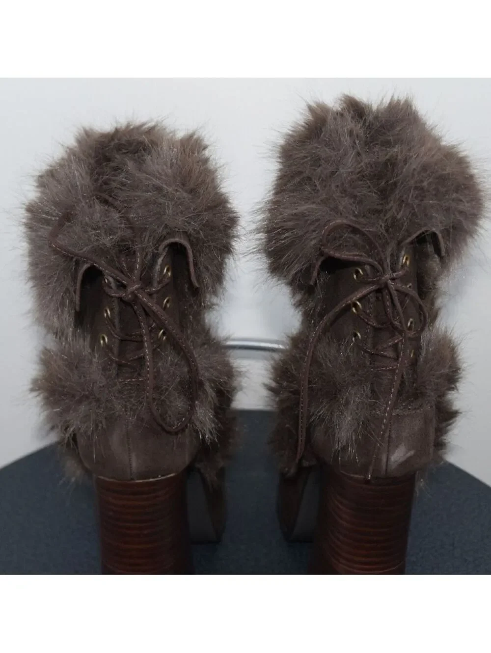 Dolls Kill Fur Trim Suede Platform Boots Brown Chunky Heel Mid-Calf, Size 10